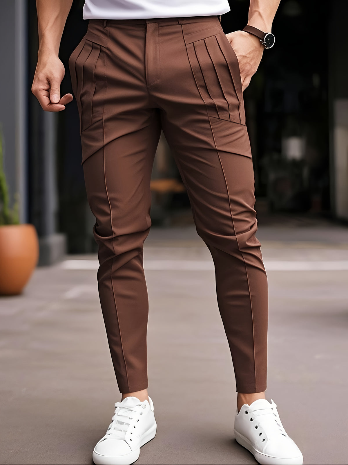 SLIM FIT POLYESTER TROUSERS FOR MEN