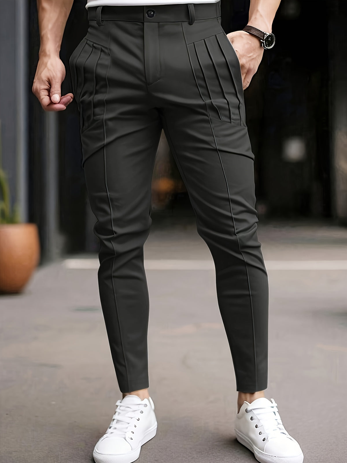 SLIM FIT POLYESTER TROUSERS FOR MEN