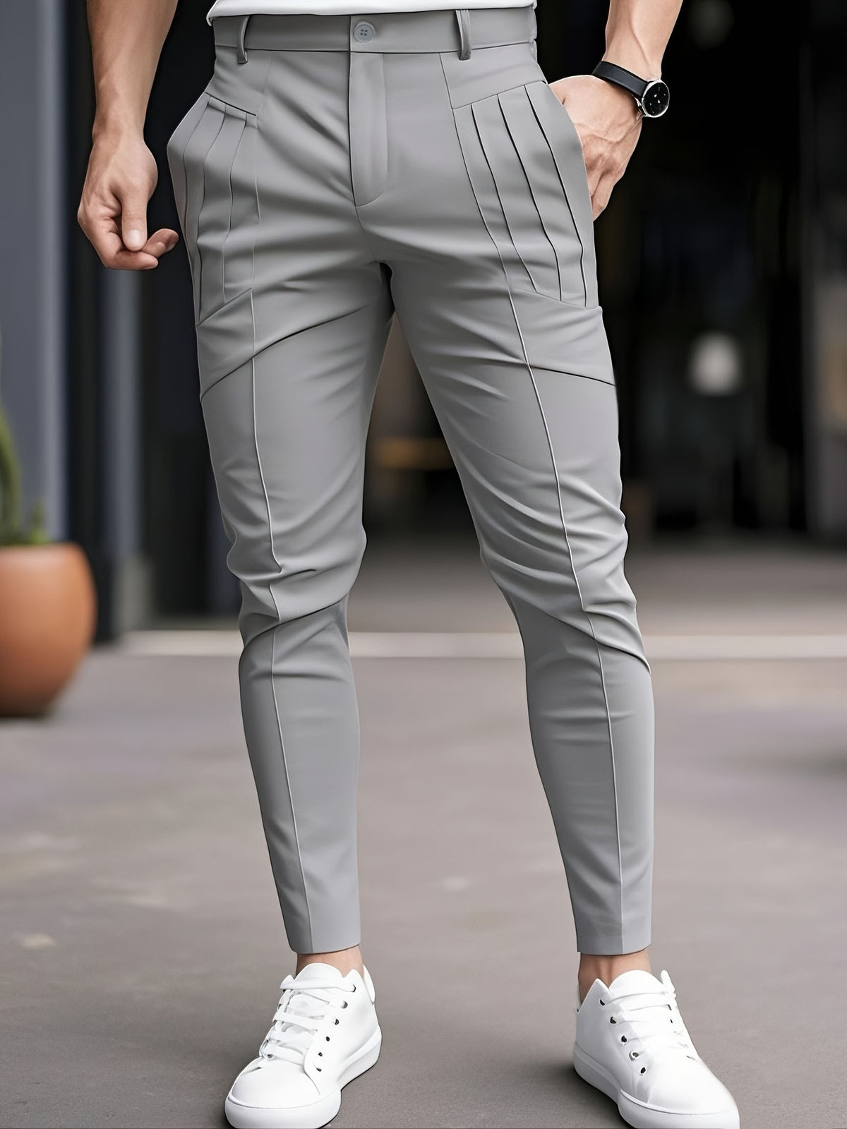 SLIM FIT POLYESTER TROUSERS FOR MEN