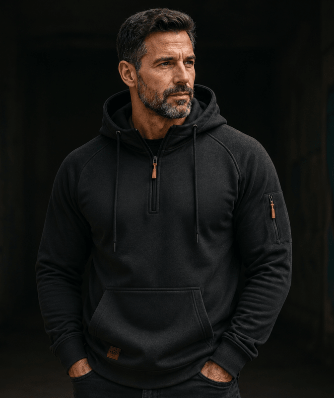 HALF ZIP HOODED SWEATSHIRT FOR MEN