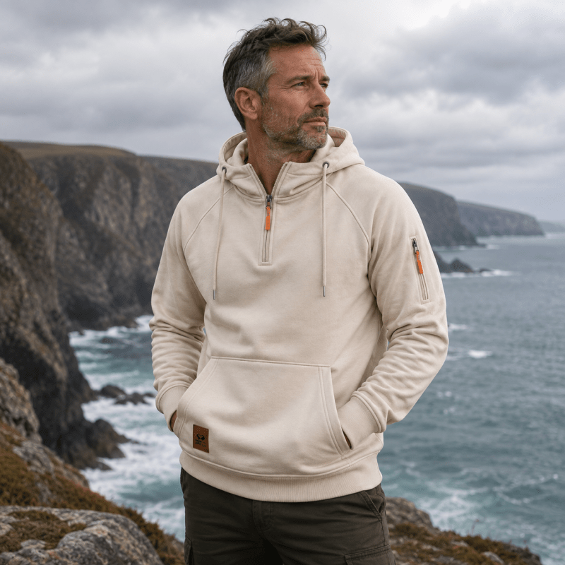 HALF ZIP HOODED SWEATSHIRT FOR MEN